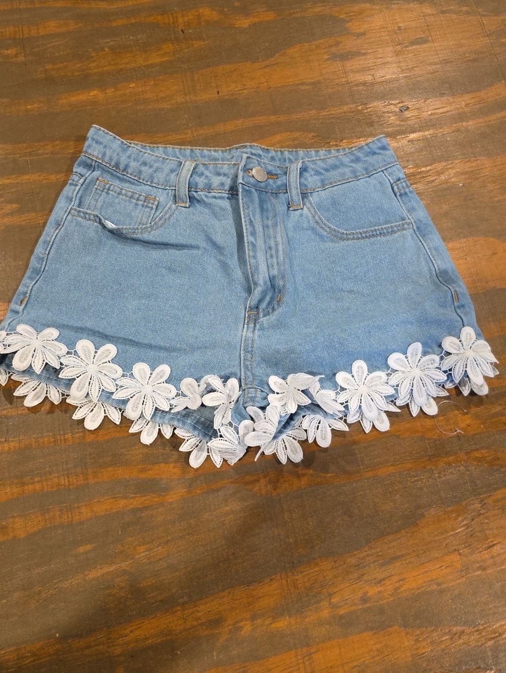 SHEIN Light Blue Denim Shorts with White Floral Lace Trim